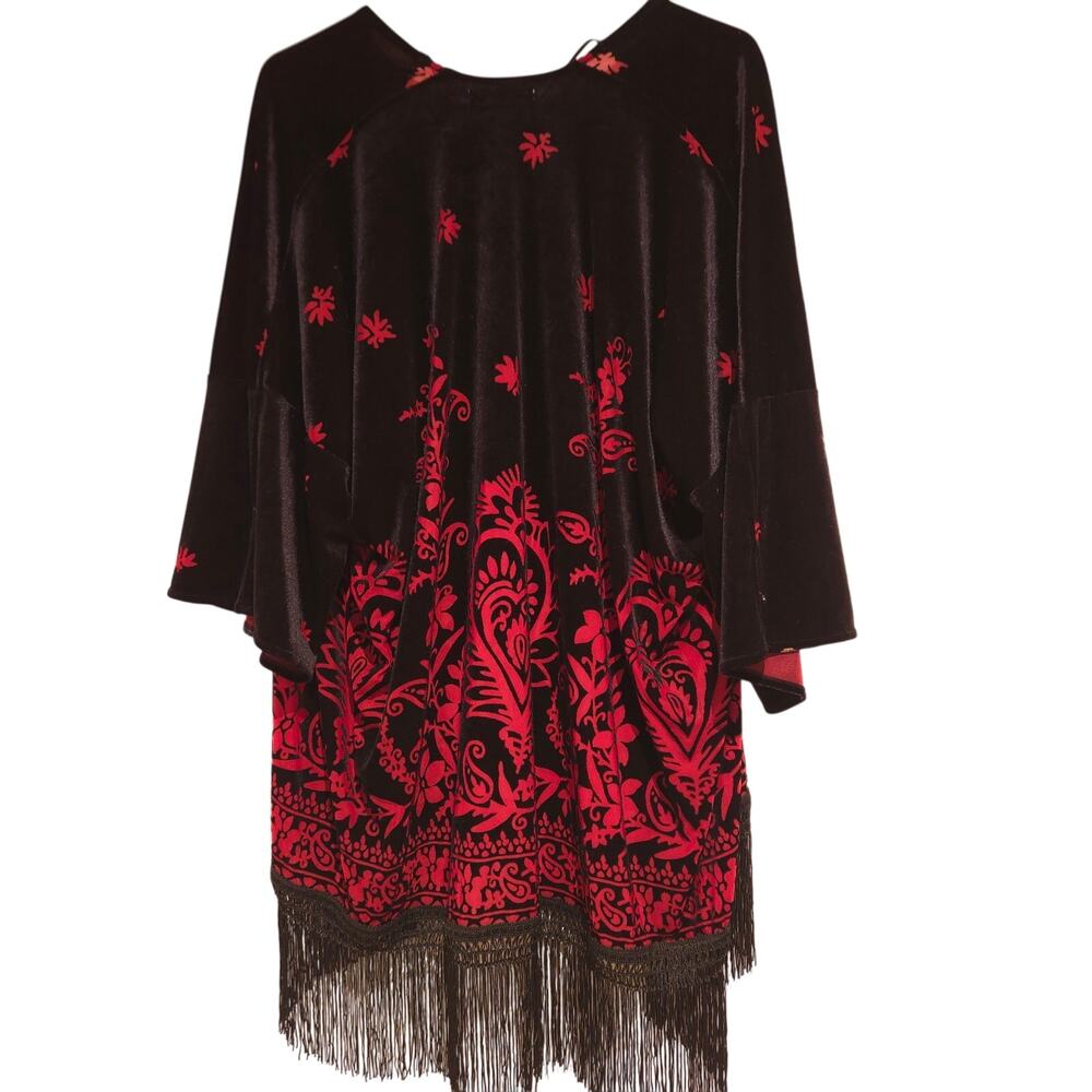 Urban Outfitters Burnout Velvet Kimono Red Floral Paisley Fringe Wrap OS - Picture 3 of 10